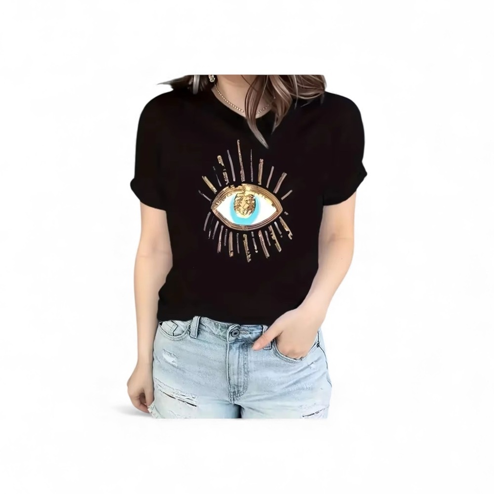 NWT XL Black Graphic Eye Tee ✨ Gold & Blue Design